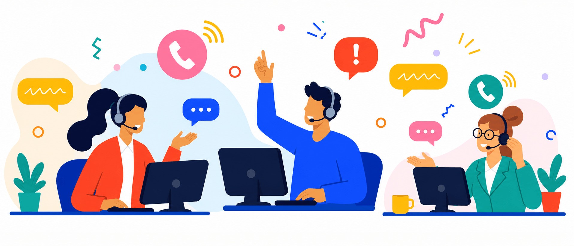 Call-center workspace with agents wearing headsets.