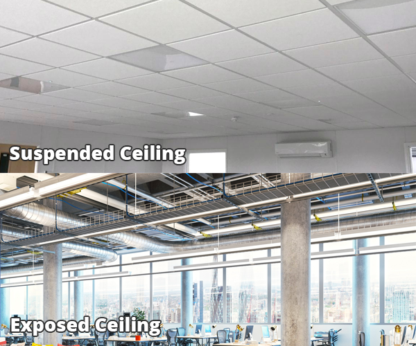 Two different types of common office ceilings, suspended (dropped) ceiling and exposed ceiling.