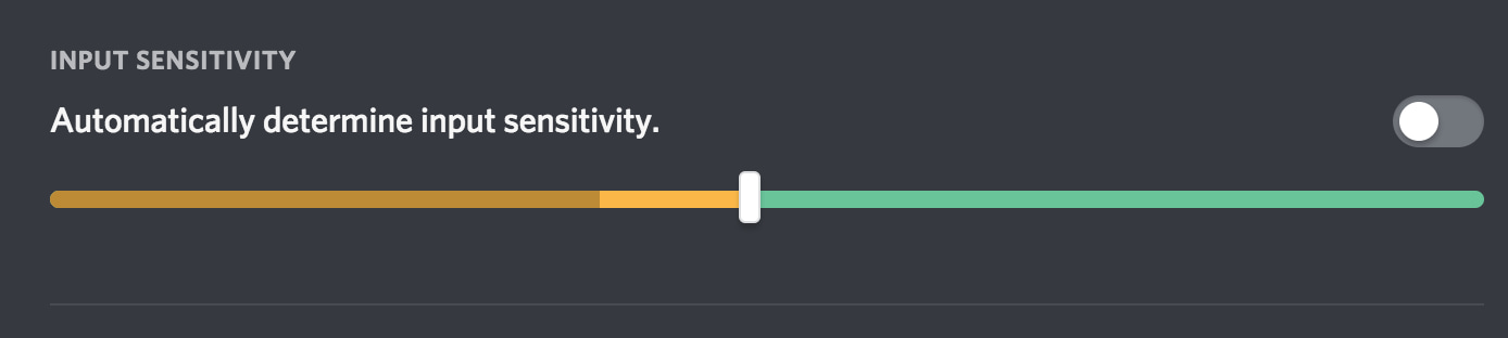 Discord Voice and Video settings showing the input sensitivity slider.