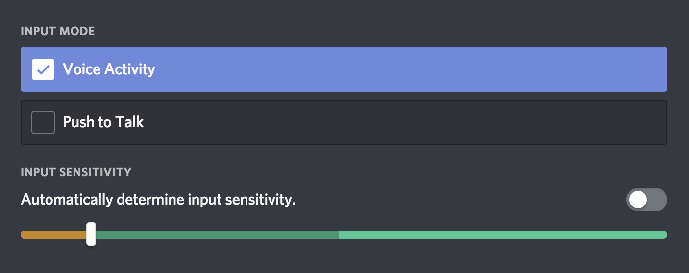 Screenshot of Discord's Voice & Video settings with the 'Automatically determine input sensitivity' off