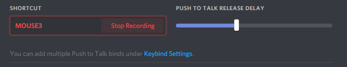 Screenshot of setting a keybind for Push To Talk Mode in Discord's Voice & Video settings