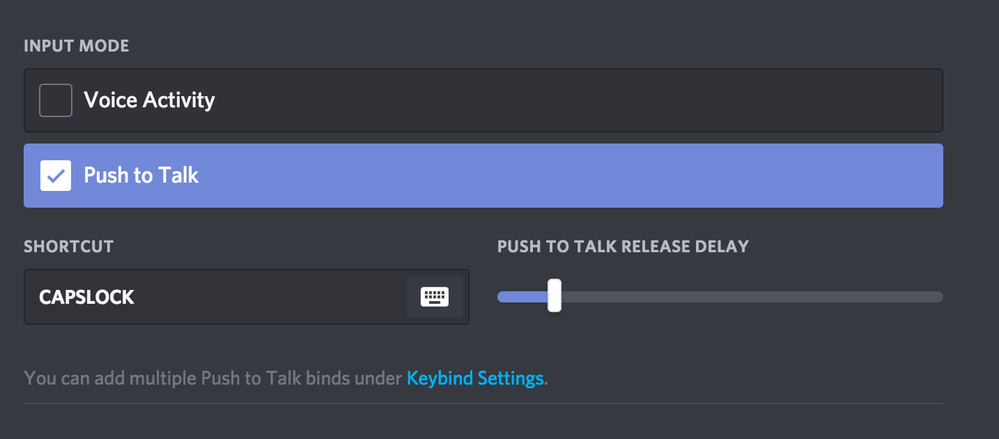 Discord Voice and Video settings with Push to Talk enabled.