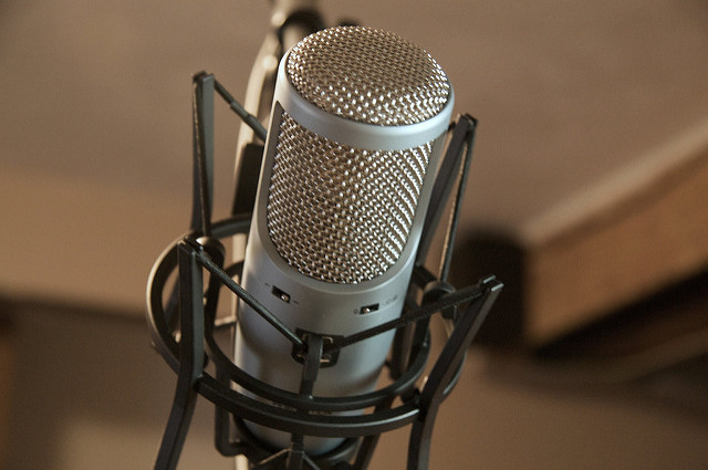 A microphone held in a shock mount