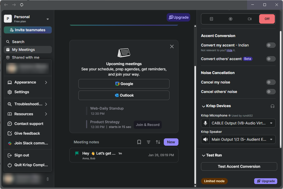 Krisp’s desktop interface showing meeting tools, noise cancellation, accent conversion, microphone, and speaker controls