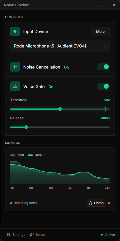 Noise Blocker’s Windows interface showing microphone selection, noise cancellation, voice gate, and audio monitoring controls