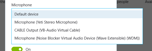 Screenshot of selecting a microphone under Skype's 'Setting' tab in Windows