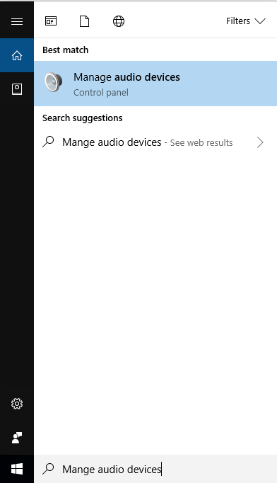 Search results for 'Manage Audio Device' in the Windows Start Menu