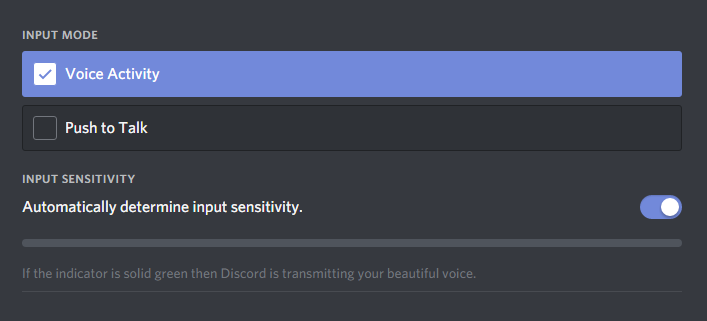 Screenshot of Discord's Voice & Video settings with the 'Automatically determine input sensitivity' on