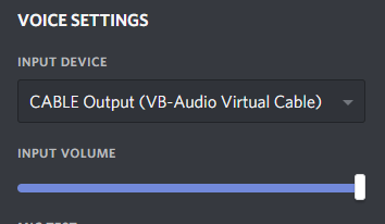 Screenshot of setting Discord's Input Device to Cable Output (VB-Audio Virtual Cable)