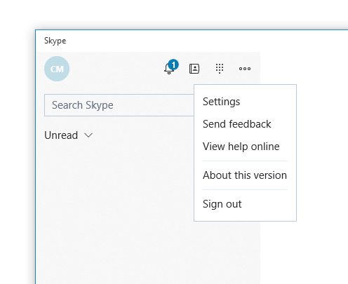 Screenshot of how to access the 'Settings' for Skype in Windows