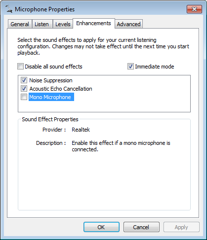 Screenshot of 'Enhancement Tab' for a microphone in Windows