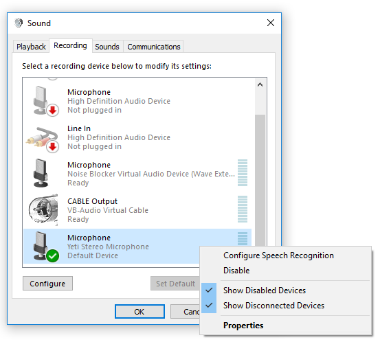 Screenshot of the list of microphone under 'Recording' tab in Windows
